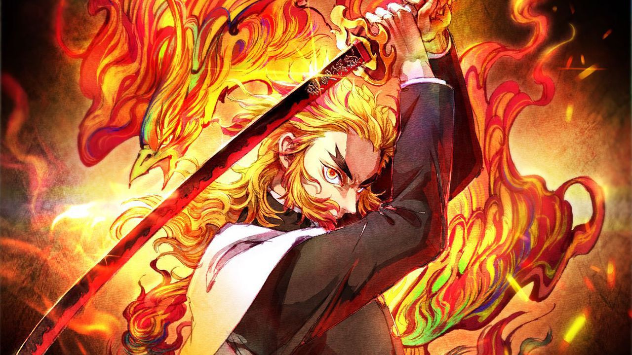 Demon Slayer: a female Rengoku cosplay from the movie Infinity Train
