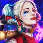 Harley Quinn in child-friendly pose in the provocative cosplay of model Andrasta Harley Quinn in child-friendly pose in the provocative cosplay of model Andrasta