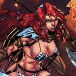 The warrior Red Sonja in a bloody and effective cosplay The warrior Red Sonja in a bloody and effective cosplay