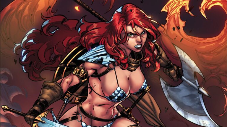 The warrior Red Sonja in a bloody and effective cosplay The warrior Red Sonja in a bloody and effective cosplay