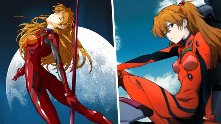 Neon Genesis Evangelion: An Asuka cosplay in a red, spear-wielding jumpsuit Neon Genesis Evangelion: An Asuka cosplay in a red, spear-wielding jumpsuit