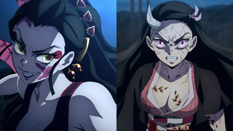 Demon Slayer: a cosplay of Nezuko and Daki like in the last episode of the anime Demon Slayer: a cosplay of Nezuko and Daki like in the last episode of the anime