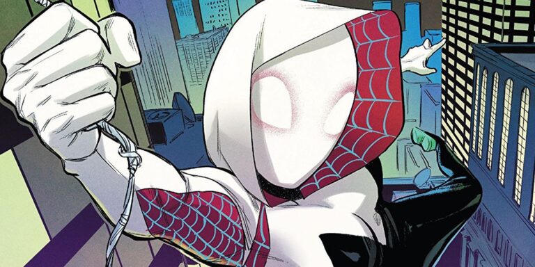 A stunning Spider-Gwen in flight in this alternate Spider-Man cosplay A stunning Spider-Gwen in flight in this alternate Spider-Man cosplay