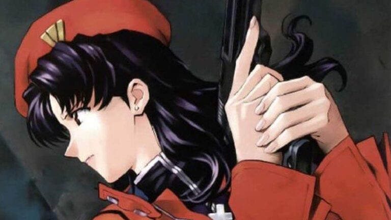 Neon Genesis Evangelion: a cosplay of Misato Katsuragi with a gun in hand Neon Genesis Evangelion: a cosplay of Misato Katsuragi with a gun in hand