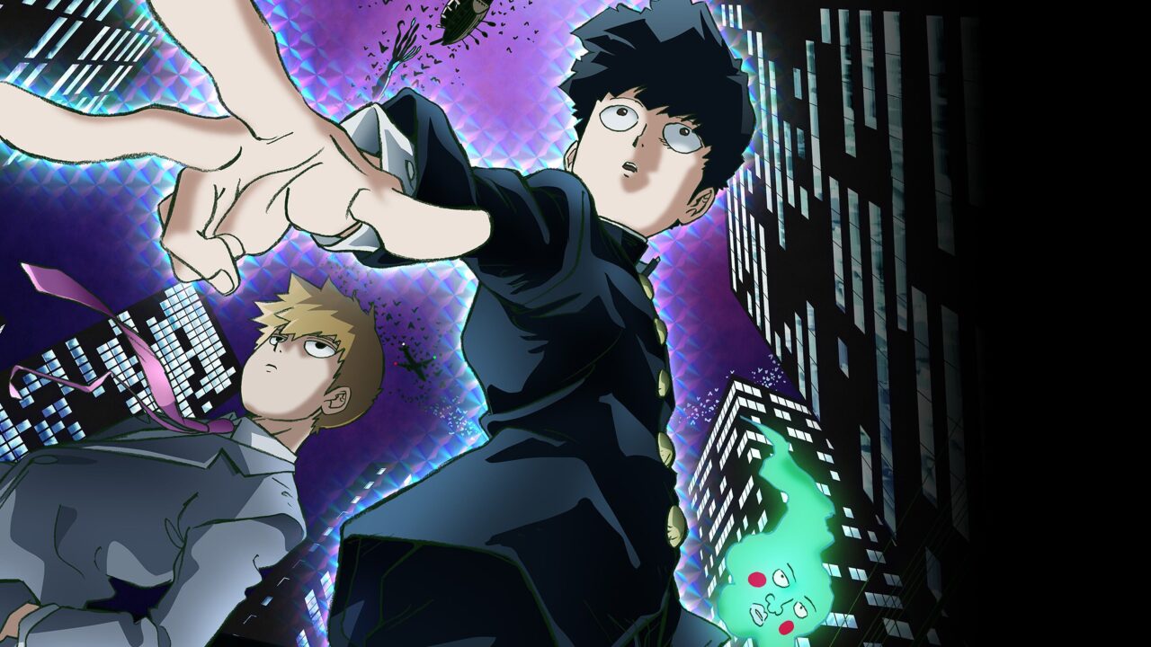 Mob Psycho 100: Mob, Reigen and Fossette play with snow in an official illustration