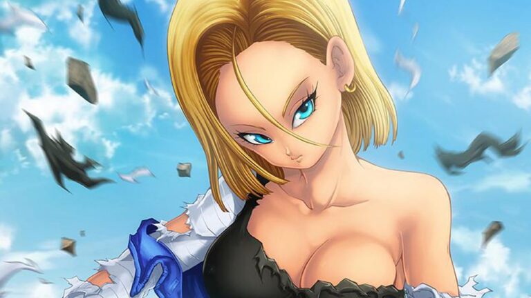 A cosplay of C18, the blonde android from Dragon Ball Z, pictured by Seracoss A cosplay of C18, the blonde android from Dragon Ball Z, pictured by Seracoss